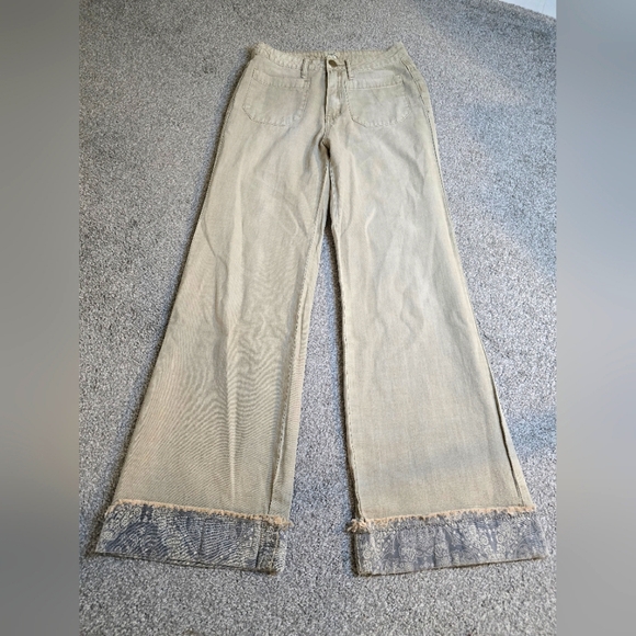 Easel Khaki Wideleg Paisley Cuff Denim 4 Pocket Boho Countryside Chic Coastal - Picture 1 of 10